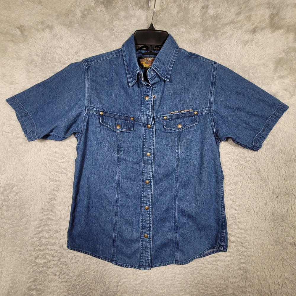 VTG Harley Davidson Denim Shirt Womens Medium Blue‎ Embroidered Short Sleeve*